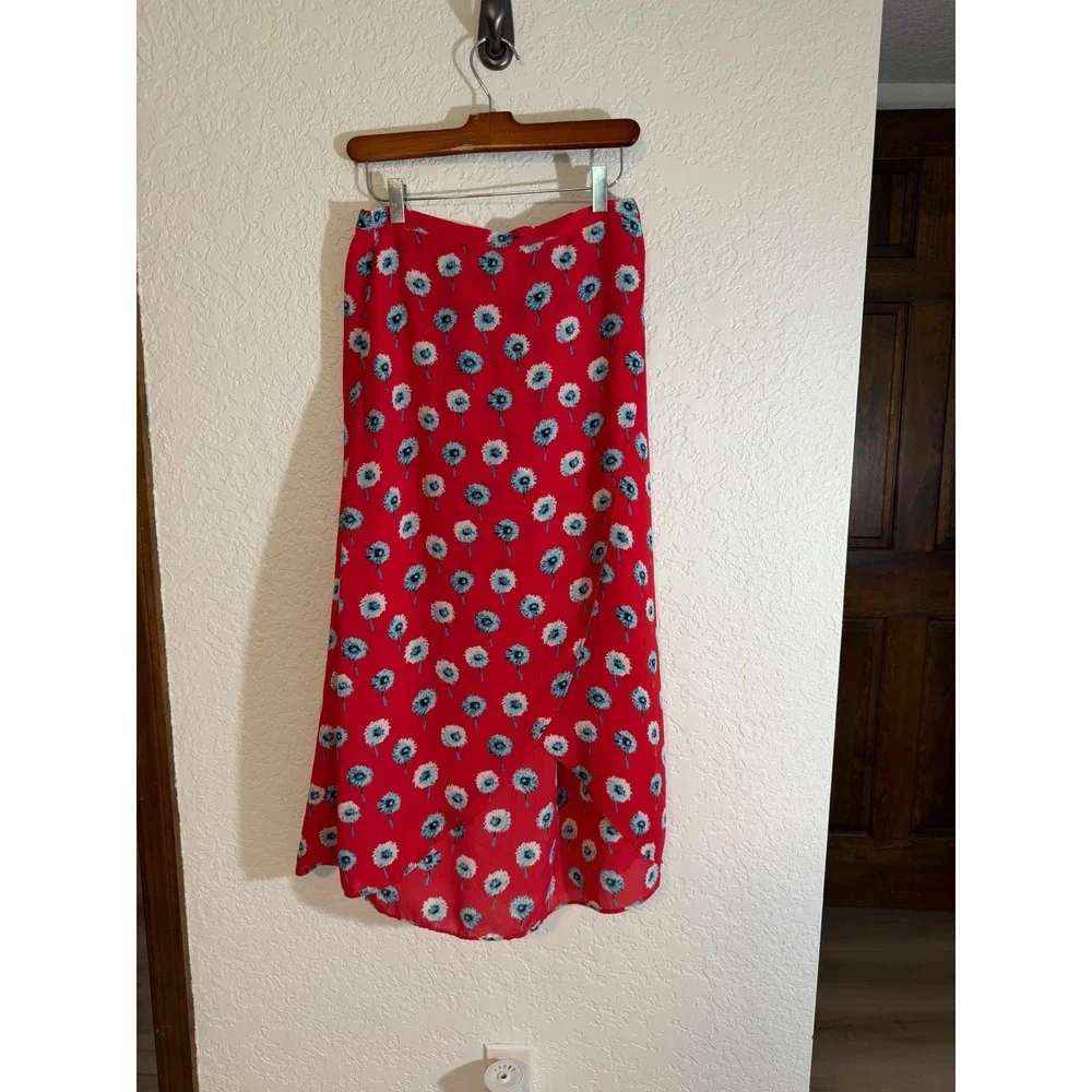 J.Crew Faux Wrap Midi Skirt Red XS Womens Floral Dandelion Casual